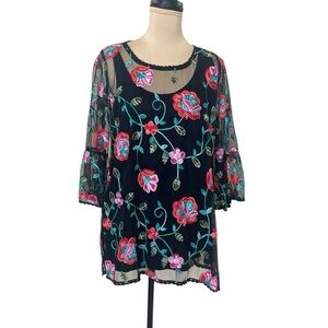 NWT Sharon Young Black with Pink and Red Embroidered Flowers (GMH-I)